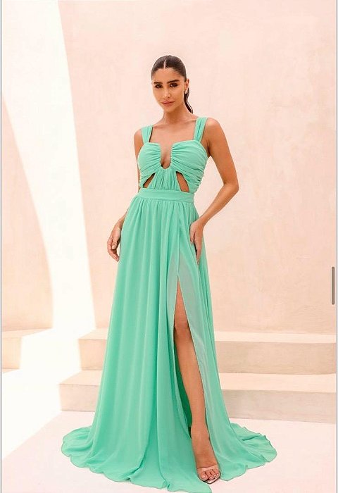 VESTIDO LONGO DE ALÇA LARGA DECOTE ARAMADO V CHIFON/SEDA VERDE MENTA