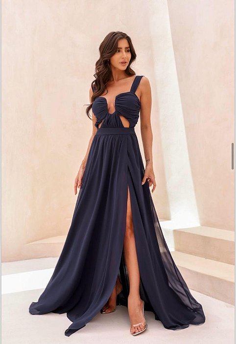 VESTIDO LONGO DE ALÇA LARGA DECOTE ARAMADO V CHIFON/SEDA AZUL MARINHO