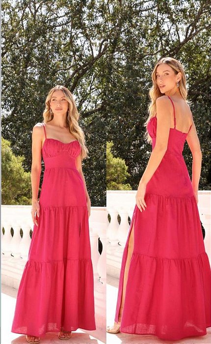 VESTIDO LONGO LINHO  ALCINHA BUSTO DRAPEADO  SAIA COM FENDA PINK