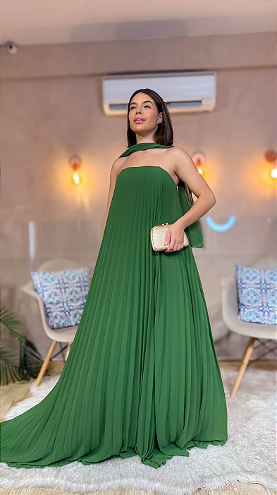 VESTIDO LONGO CREPE DE SEDA TOMARA QUE CAIA COM FAIXA NO PESCOÇO VERDE OLIVA