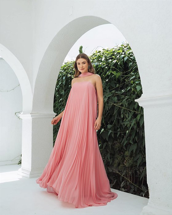 VESTIDO LONGO CREPE DE SEDA TOMARA QUE CAIA COM FAIXA NO PESCOÇO ROSE