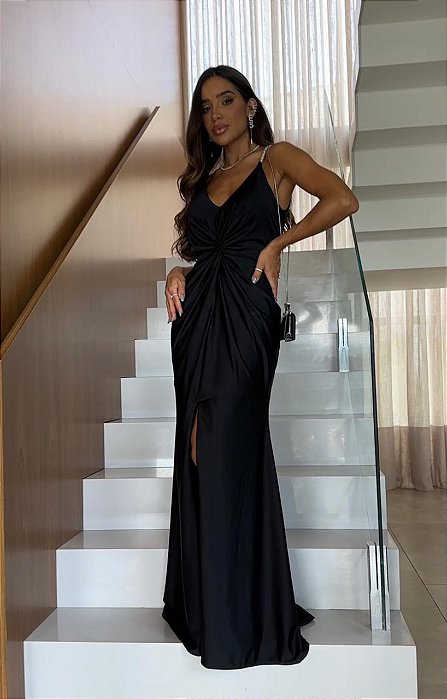 VESTIDO LONGO PRADA ALÇA BRILHO NO FRONTAL  PRETO