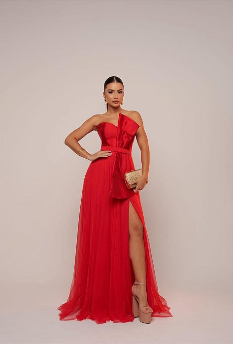 VESTIDO LONGO ZIBELINE TOMARA QUE CAIA PEITO DRAPEADO DETALHE ABAIXO DO BUSTO COM SAIA DE MICROTULE VERMELHO