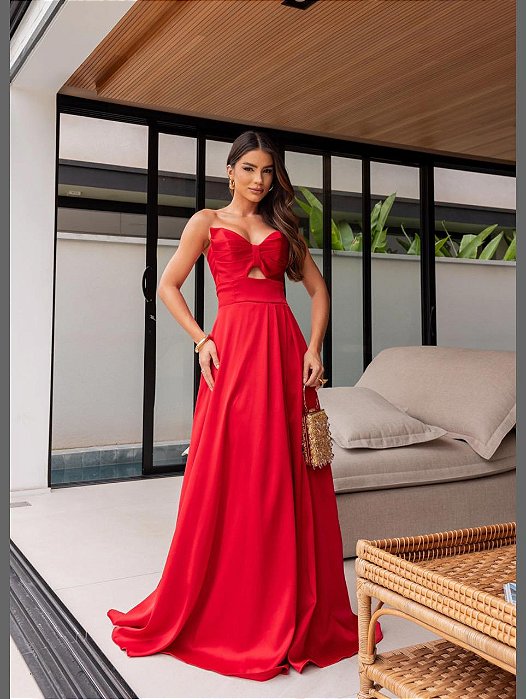 VESTIDO LONGO PRADA TOMARA QUE CAIA DRAPEADO E RECORTE NO BUSTO COM FENDA VERMELHO