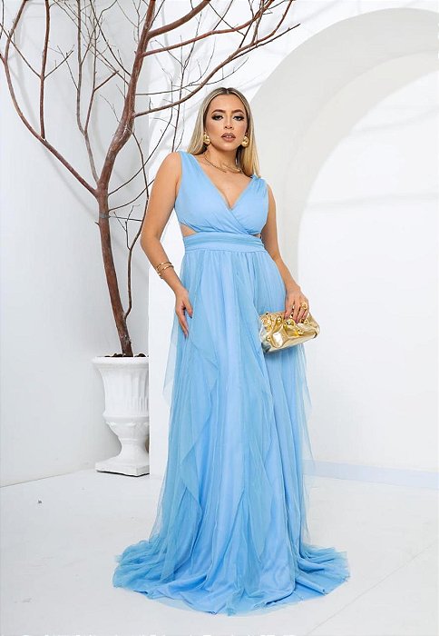 VESTIDO LONGO MICROTULE SAIA EM CAMADAS VERTICAIS ALÇA LARGA RECORTES LATERAL AZUL SERENITY