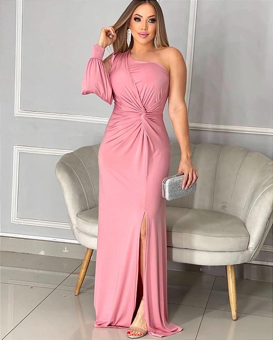VESTIDO LONGO JERSEY UM OMBRO SÓ MANGA LONGA COM FENDA FRONTAL ROSE