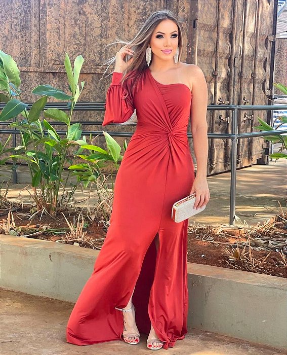 VESTIDO LONGO JERSEY UM OMBRO SÓ MANGA LONGA COM FENDA FRONTAL VERMELHO
