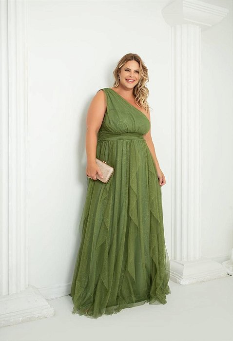 VESTIDO LONGO MICROTULE UM OMBRO SÓ PALA CINTURA SAIA EM CAMADAS VERTICAIS VERDE OLIVA
