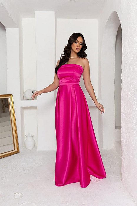 VESTIDO LONGO ZIBELINE TOMARA QUE CAIA FAIXA ACINTURADA E FENDA PINK