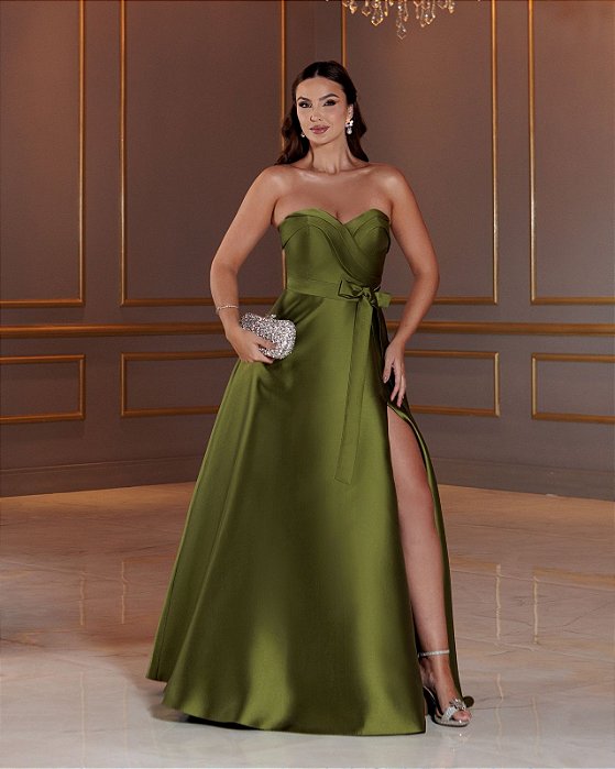 VESTIDO LONGO ZIBELINE TOMARA QUE CAIA DETALHE NO BUSTO CINTURA MARCADA VERDE OLIVA