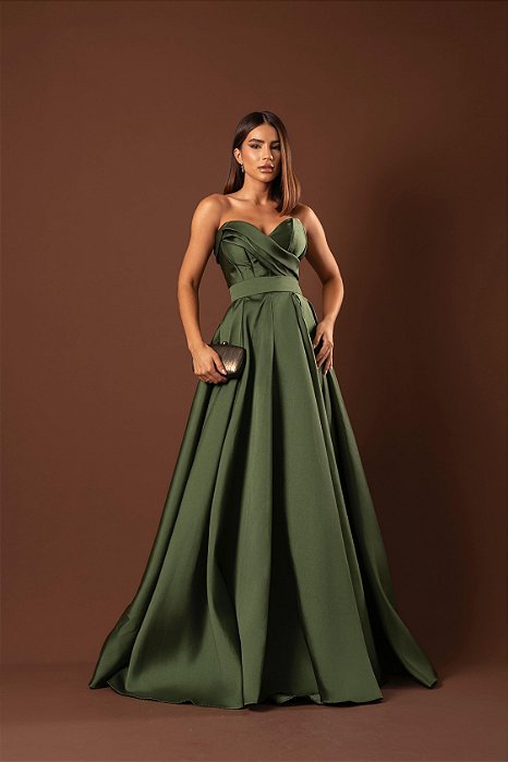 VESTIDO LONGO ZIBELINE ACETINADO TOMARA QUE CAIA COM MUITA CALDA E FENDA VERDE OLIVA BL