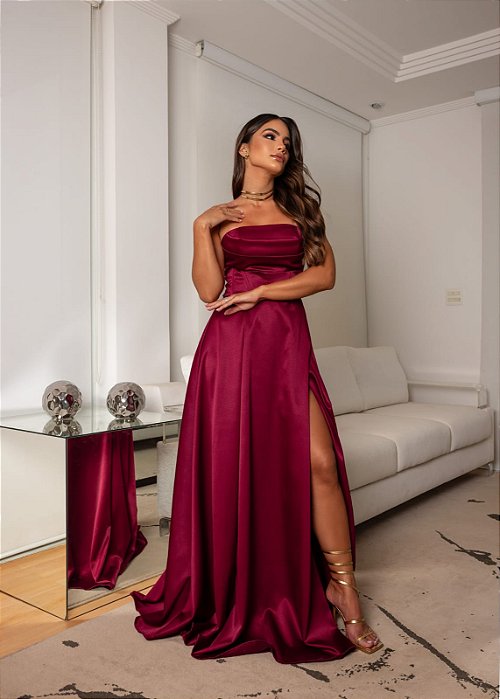 VESTIDO LONGO ZIBELINE TOMARA QUE CAIA PEITO DRAPEADO COM FENDA DETALHE ABAIXO DO BUSTO MARSALA