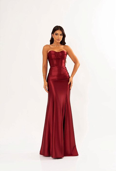 VESTIDO LONGO PRADA COM ELASTANO TOMARA QUE CAIA FENDA LATERAL MARSALA