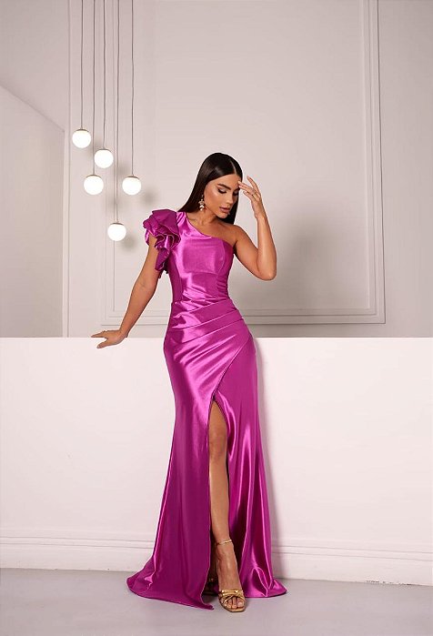 VESTIDO LONGO PRADA COM ELASTANO OMBRO SÓ BABADO FENDA FUCSIA
