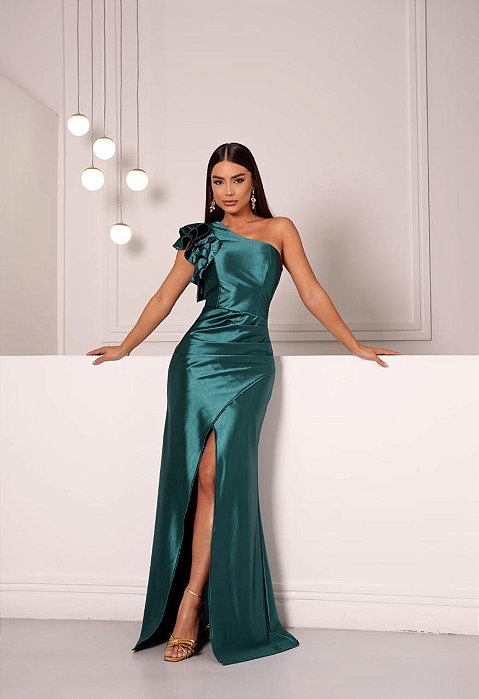 VESTIDO LONGO PRADA COM ELASTANO OMBRO SÓ BABADO FENDA VERDE ESMERALDA