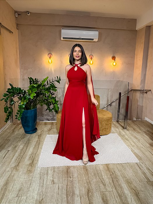 VESTIDO LONGO CREPE DE SEDA FRENTE UNICA DETALHE BROCHE MARSALA