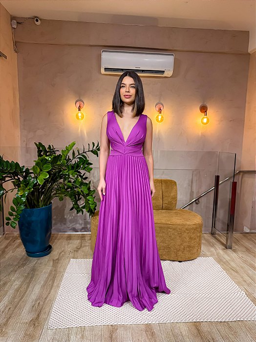 VESTIDO LONGO CREPE ALÇA LARGA  DECOTE V ROXO