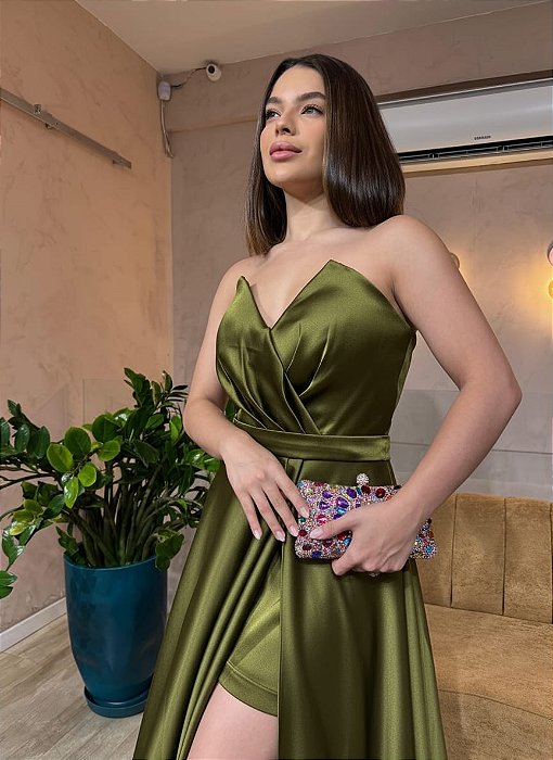VESTIDO LONGO ZIBELINE TOMARA QUE CAIA DRAPEADO NO BUSTO COM FAIXA DECOTE V COM FENDA  VERDE OLIVA