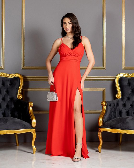 VESTIDO LONGO CHIFFON DE ALCINHA DRAPEADO NO PEITO VERMELHO