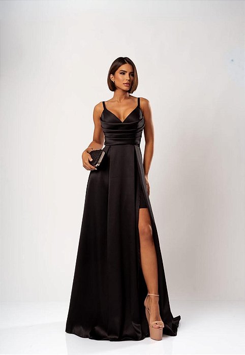 VESTIDO LONGO ZIBELINE DE ALCINHA DRAPEADO NO PEITO COM FENDA  PRETO