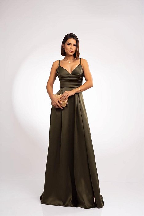 VESTIDO LONGO ZIBELINE DE ALCINHA DRAPEADO NO PEITO COM FENDA  VERDE OLIVA