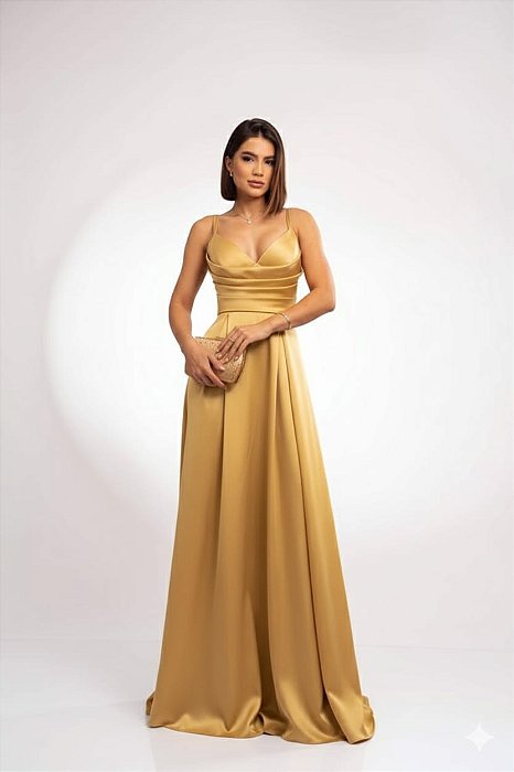 VESTIDO LONGO ZIBELINE DE ALCINHA DRAPEADO NO PEITO COM FENDA AMARELO MANTEIGA
