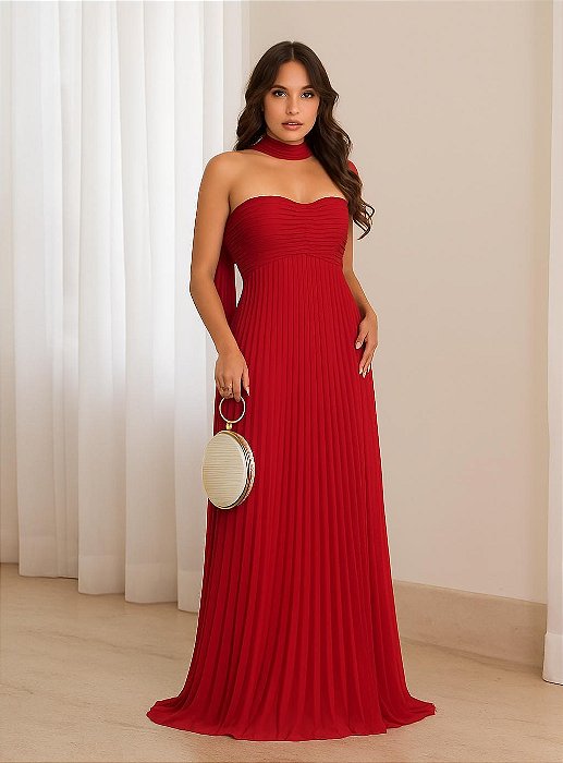VESTIDO LONGO CHIFFON PLISSADO TOMARA QUE CAIA VERDE VERMELHO