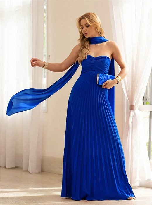 VESTIDO LONGO CHIFFON PLISSADO TOMARA QUE CAIA VERDE AZUL ROYAL