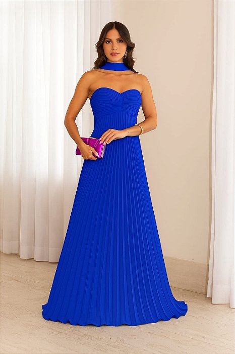 VESTIDO LONGO CHIFFON PLISSADO TOMARA QUE CAIA AZUL ROYAL