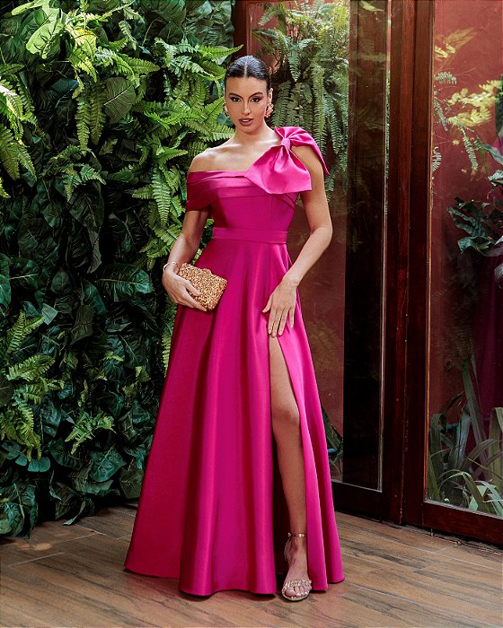 VESTIDO LONGO ZIBELINE UM OMBRO SÓ COM LAÇO DETALHE ABAIXO DO BUSTA COM FENDA  FUCSIA
