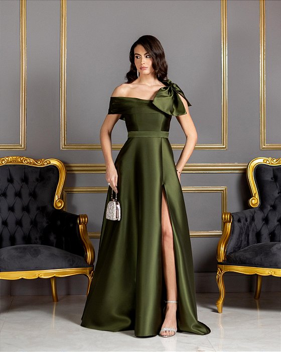 VESTIDO LONGO ZIBELINE UM OMBRO SÓ COM LAÇO DETALHE ABAIXO DO BUSTA COM FENDA  VERDE MENTA