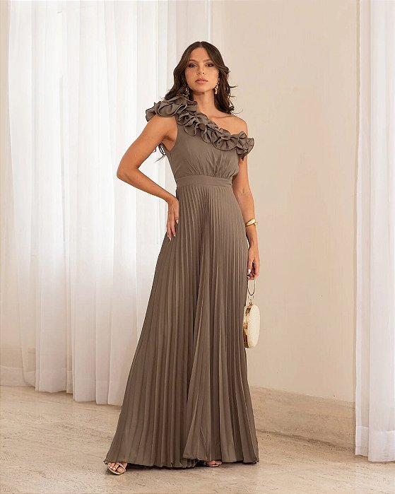 VESTIDO LONGO CHIFFON PLISSADO UM OMBRO SÓ COM FLOR VERDE OLIVA