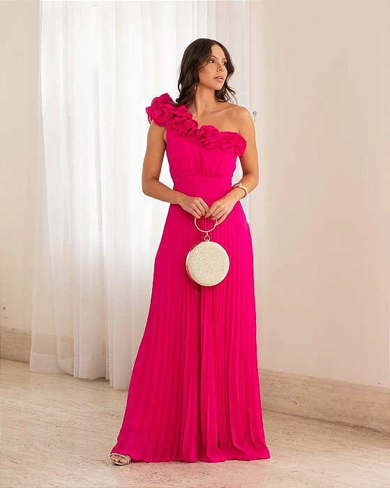 VESTIDO LONGO CHIFFON PLISSADO UM OMBRO SÓ COM FLOR PINK