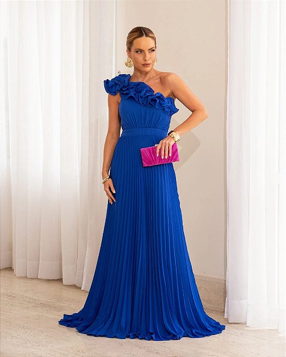 VESTIDO LONGO CHIFFON PLISSADO UM OMBRO SÓ COM FLOR AZUL ROYAL