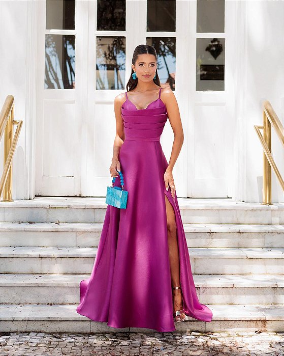 VESTIDO LONGO ZIBELINE TOMARA QUE CAIA DETALHE ABAIXO DO BUSTA COM FENDA  FUCSIA