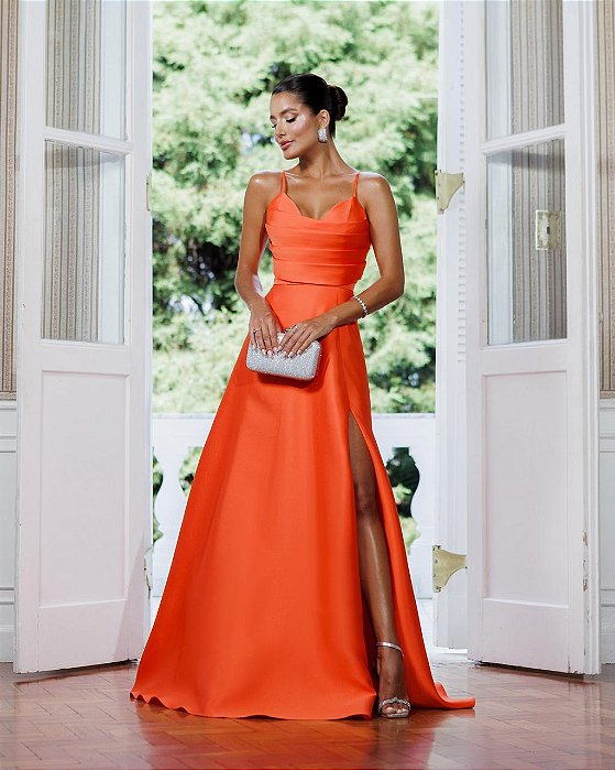VESTIDO LONGO ZIBELINE TOMARA QUE CAIA DETALHE ABAIXO DO BUSTA COM FENDA  CORAL