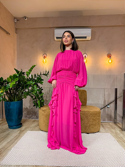 VESTIDO LONGO CHIFON COM MANGA LONGA DRAPEADO BUSTO E BABADO VERTICAL SAIA PINK