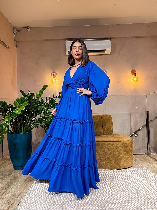 VESTIDO LONGO CHIFON MANGA LONGA SAIA COM CAMADAS AZUL ROYAL