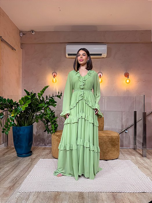 VESTIDO LONGO CHIFFON DECOTE V MANGA LONGA COM BABADOS VERDE MENTA