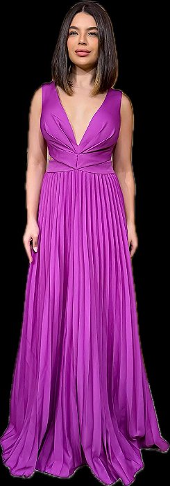VESTIDO LONGO CREPE ALÇA LARGA PALA CINTURA DECOTE V COM DETALHE NAS LATERAIS FUCSIA