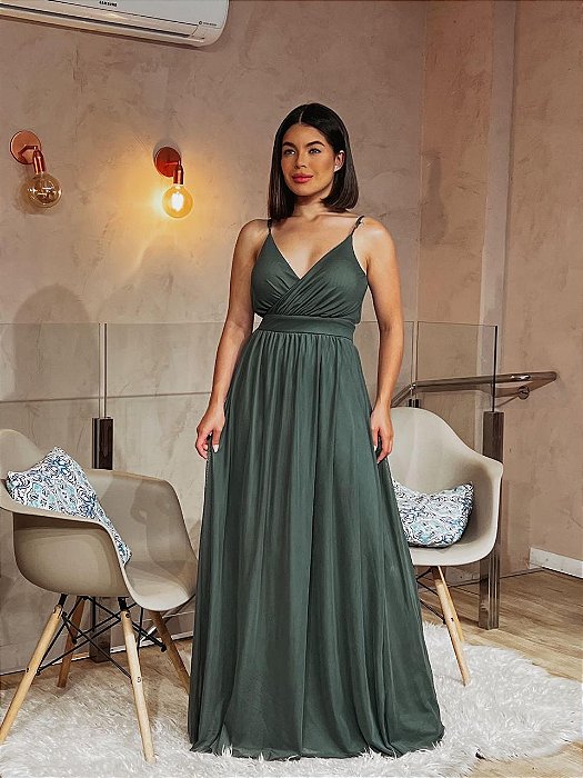 VESTIDO LONGO MICROTULE DE ALCINHA DRAPEADO NO BUSTO COM DETALHE ABAIXO DO BUSTO VERDE OLIVA