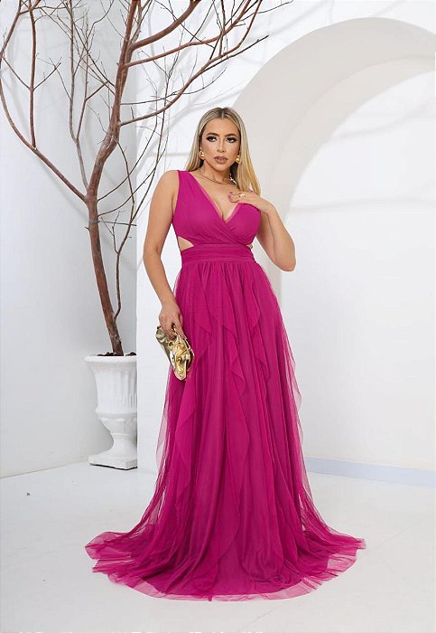 VESTIDO LONGO MICROTULE SAIA EM CAMADAS VERTICAIS ALÇA LARGA RECORTES LATERAL FUCSIA