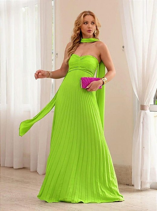 VESTIDO LONGO CHIFFON PLISSADO TOMARA QUE CAIA VERDE LIMA