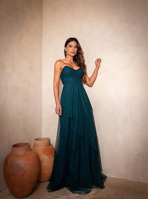 VESTIDO LONGO MICROTULLE COM GLITER TOMARA QUE CAIA SAIA CAMADAS SOBREPOSTA VERDE ESMERALDA