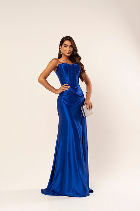 VESTIDO LONGO PRADA COM ELASTANO TOMARA QUE CAIA COM DETALHE DRAPEADO NA CINTURA AZUL ROYAL