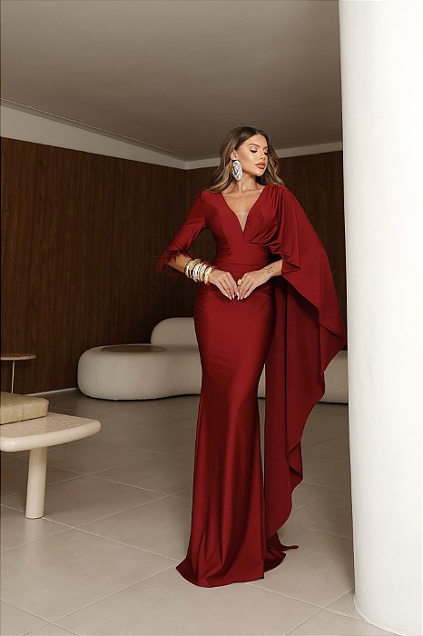 VESTIDO LONGO PRADA COM ELASTANO DECOTE V MANGA LONGA COM DETALHE  MARSALA