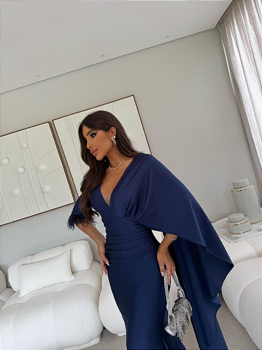 VESTIDO LONGO PRADA COM ELASTANO DECOTE V MANGA LONGA COM DETALHE  AZUL MARINHO