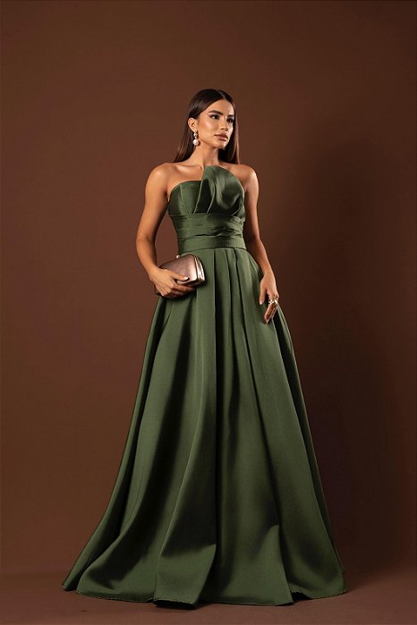 VESTIDO LONGO ZIBELINE TOMARA QUE CAIA DRAPEADO ABAIXO DO PEITO FAIXA ACINTURADA E FENDA VERDE OLIVA
