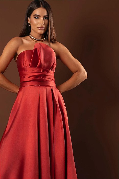 VESTIDO LONGO ZIBELINE TOMARA QUE CAIA DRAPEADO ABAIXO DO PEITO FAIXA ACINTURADA E FENDA TERRA COTA