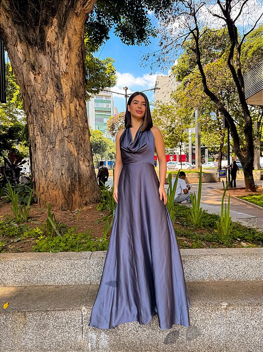 VESTIDO LONGO SEDA GOLA BOBA AMARRAÇÃO COSTA GRAFITE